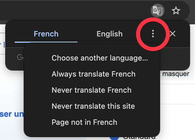 Google Chrome pop-up translation options